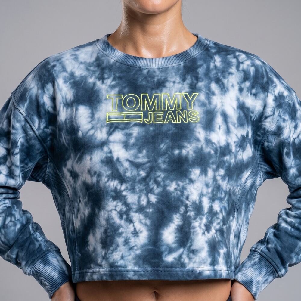 Tommy Jeans Women Sweatshirt Cropped Tie Dye Blue Logo Streetwear Small